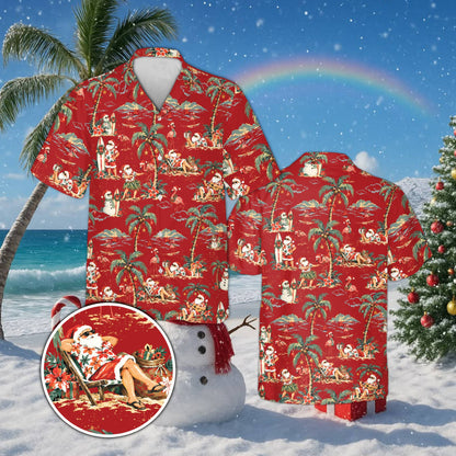 Red tropical Santa matching family hawaiian shirt, front view