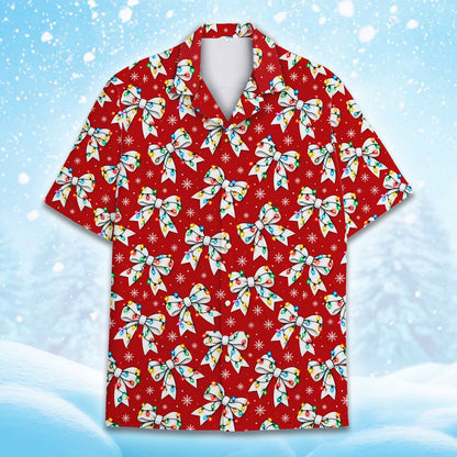 Red front view of the holiday hawaiian shirt with snowflakes