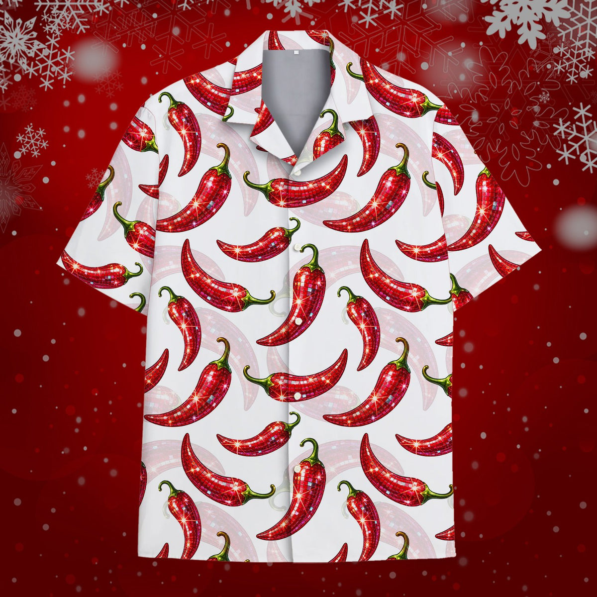 Red details on matching family Christmas hawaiian shirt featuring disco chili peppers, front view