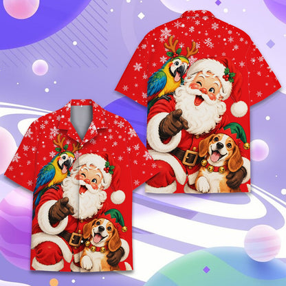 Christmas hawaiian shirt showing beagle in an elf hat, front view 2