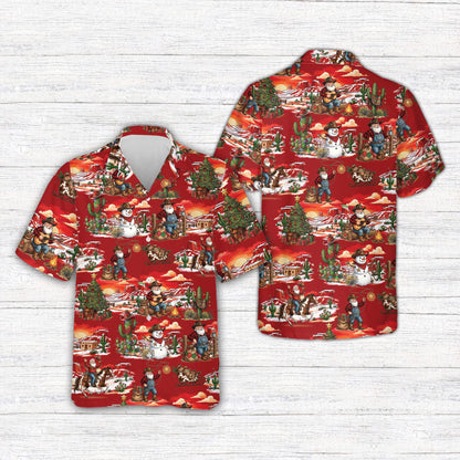 Main view of matching family hawaiian shirts with Western Christmas Cowboy Santa design in red