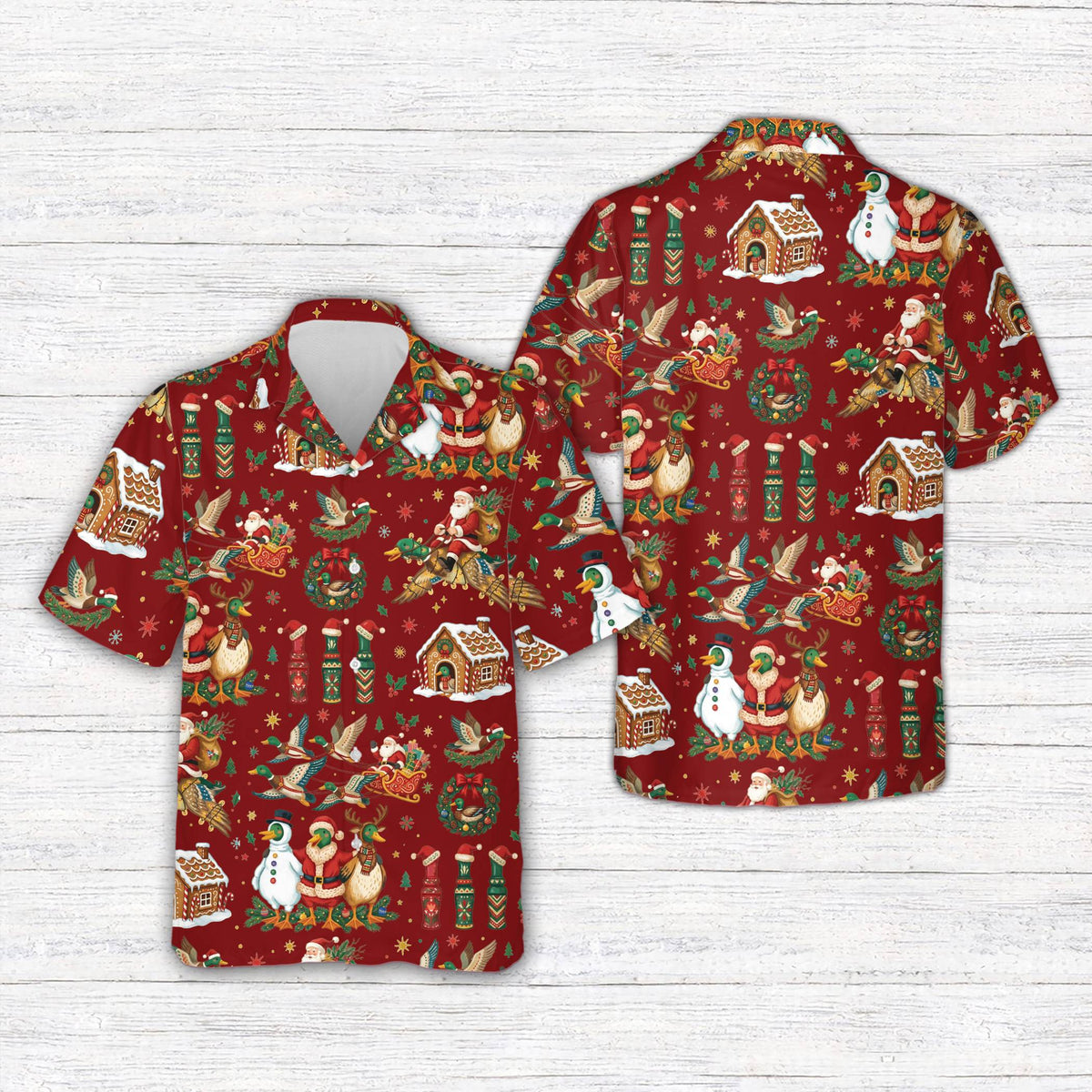 Red matching family christmas hawaiian shirt with vintage duck hunting pattern, main view