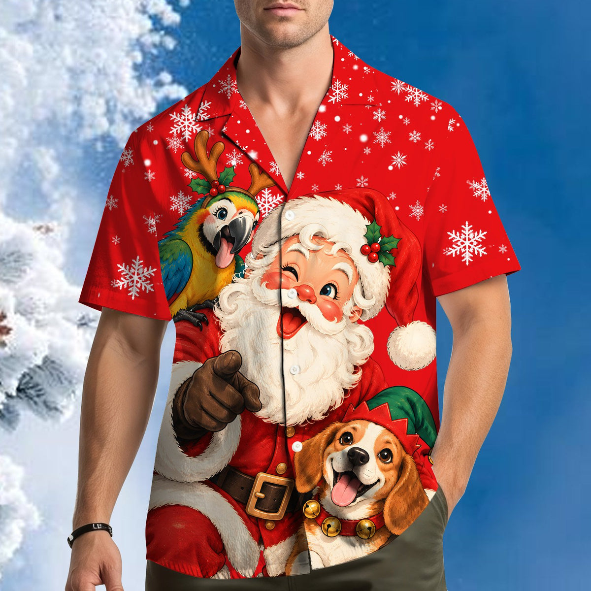 Red holiday hawaiian shirt with a parrot in reindeer antlers, front view 3