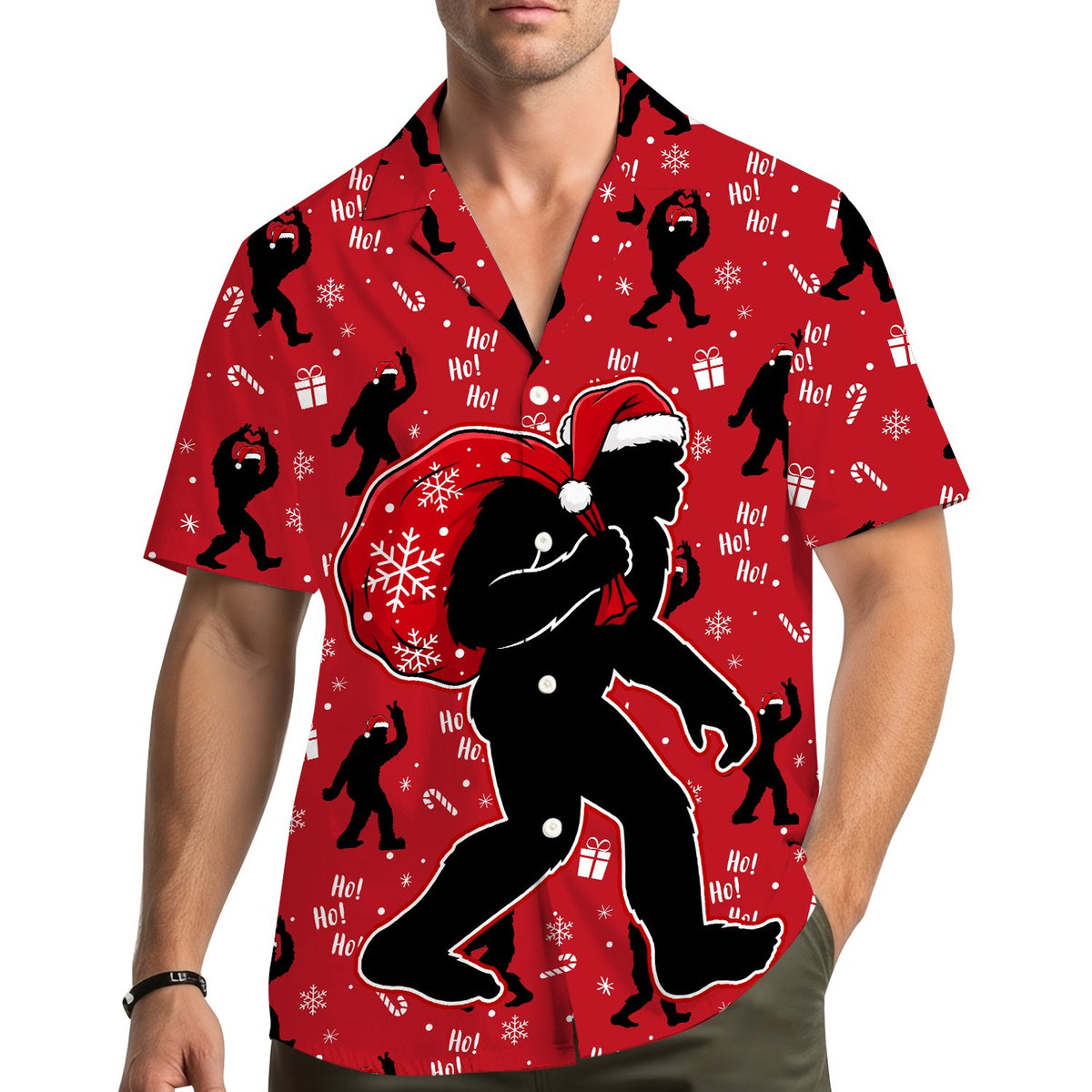 Front view of the prominent Bigfoot carrying a sack of gifts on the Hawaiian shirt