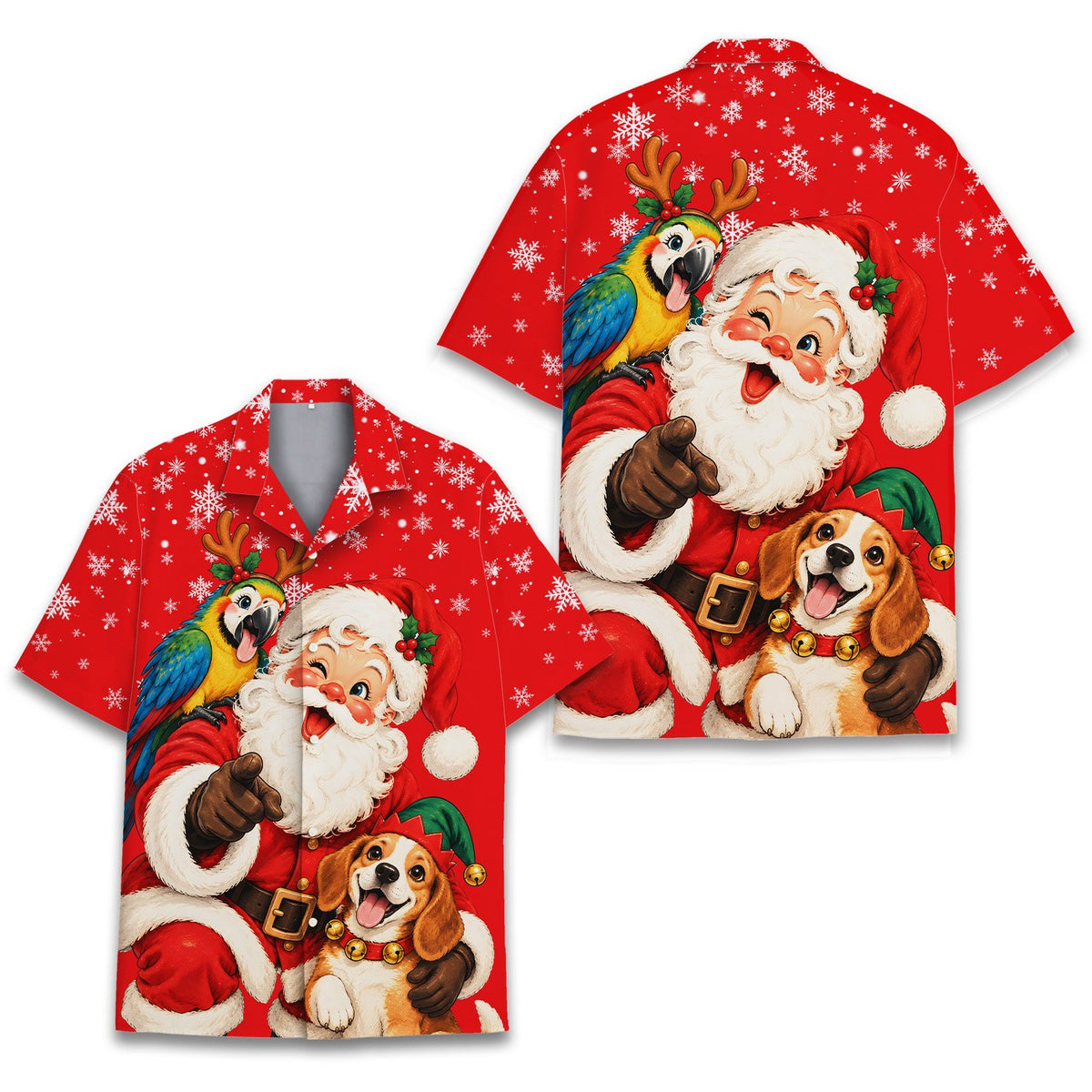 Festive red button-down hawaiian shirt with white snowflakes, front view 5