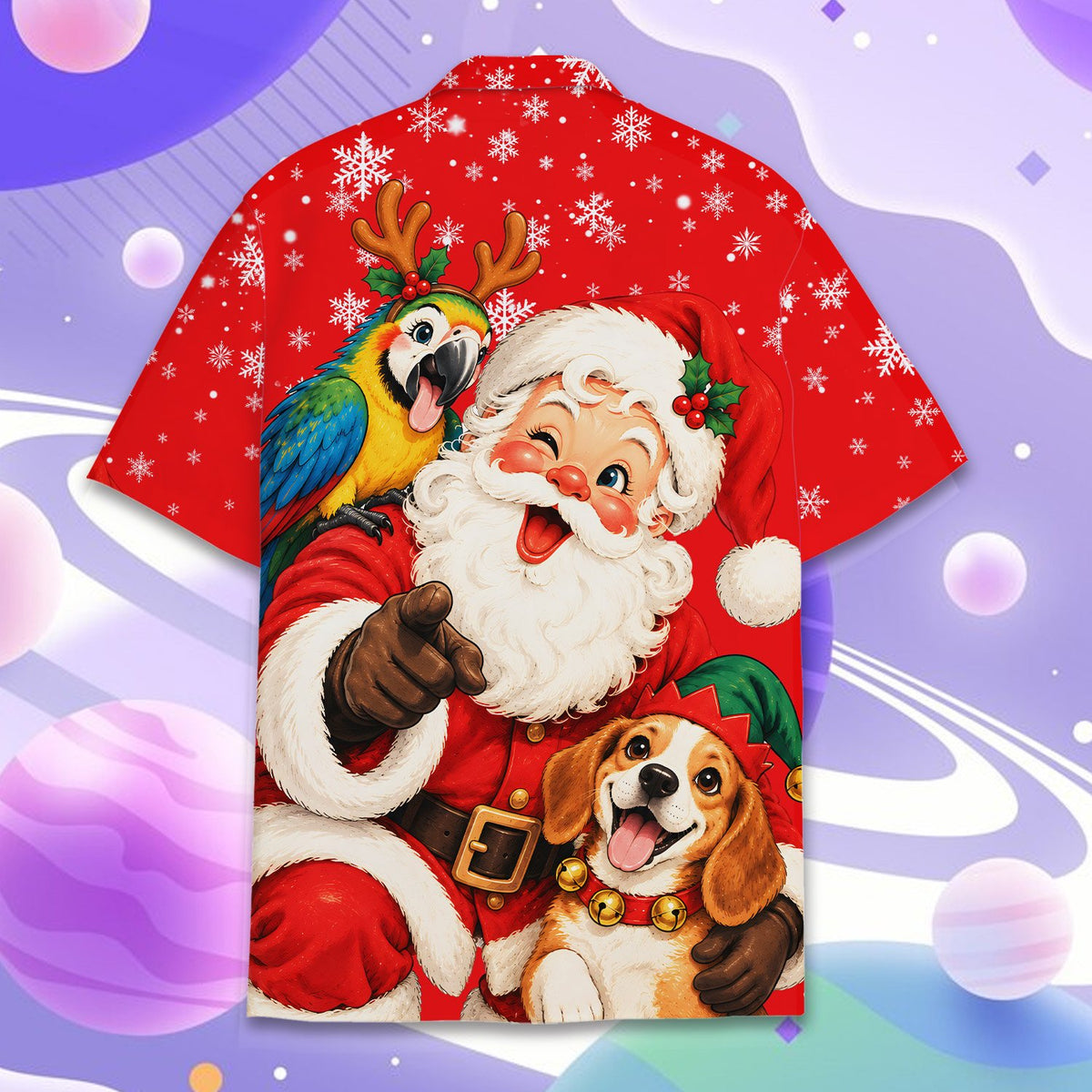 Christmas hawaiian shirt with tropical holiday elements, front view 6