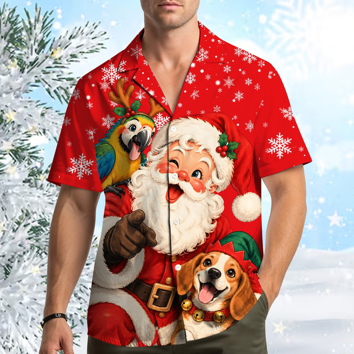 Red hawaiian shirt with cartoon Santa design, front view 7