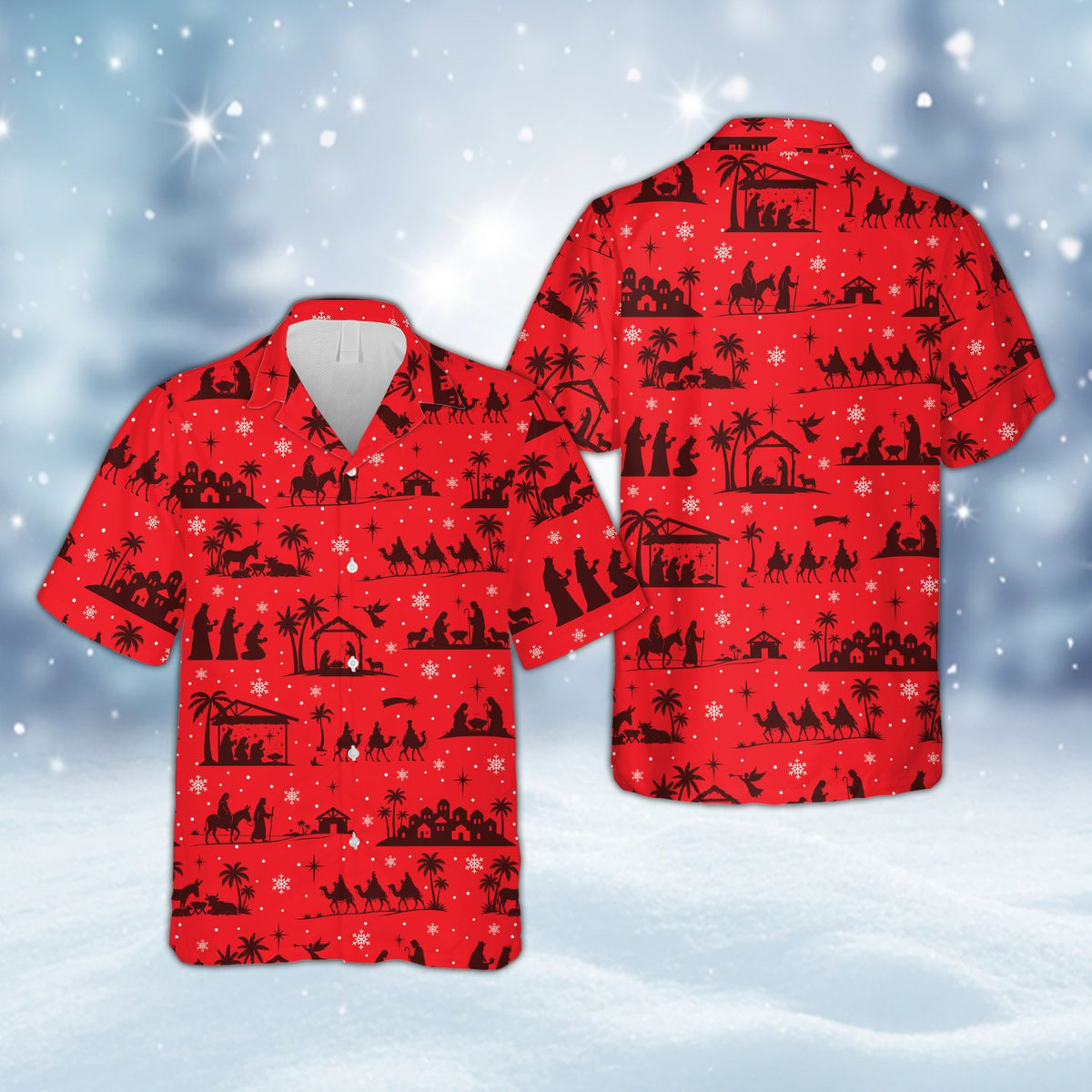 Red matching family hawaiian shirt with nativity scene, front view