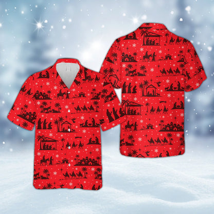 Red matching family hawaiian shirt with nativity scene, front view