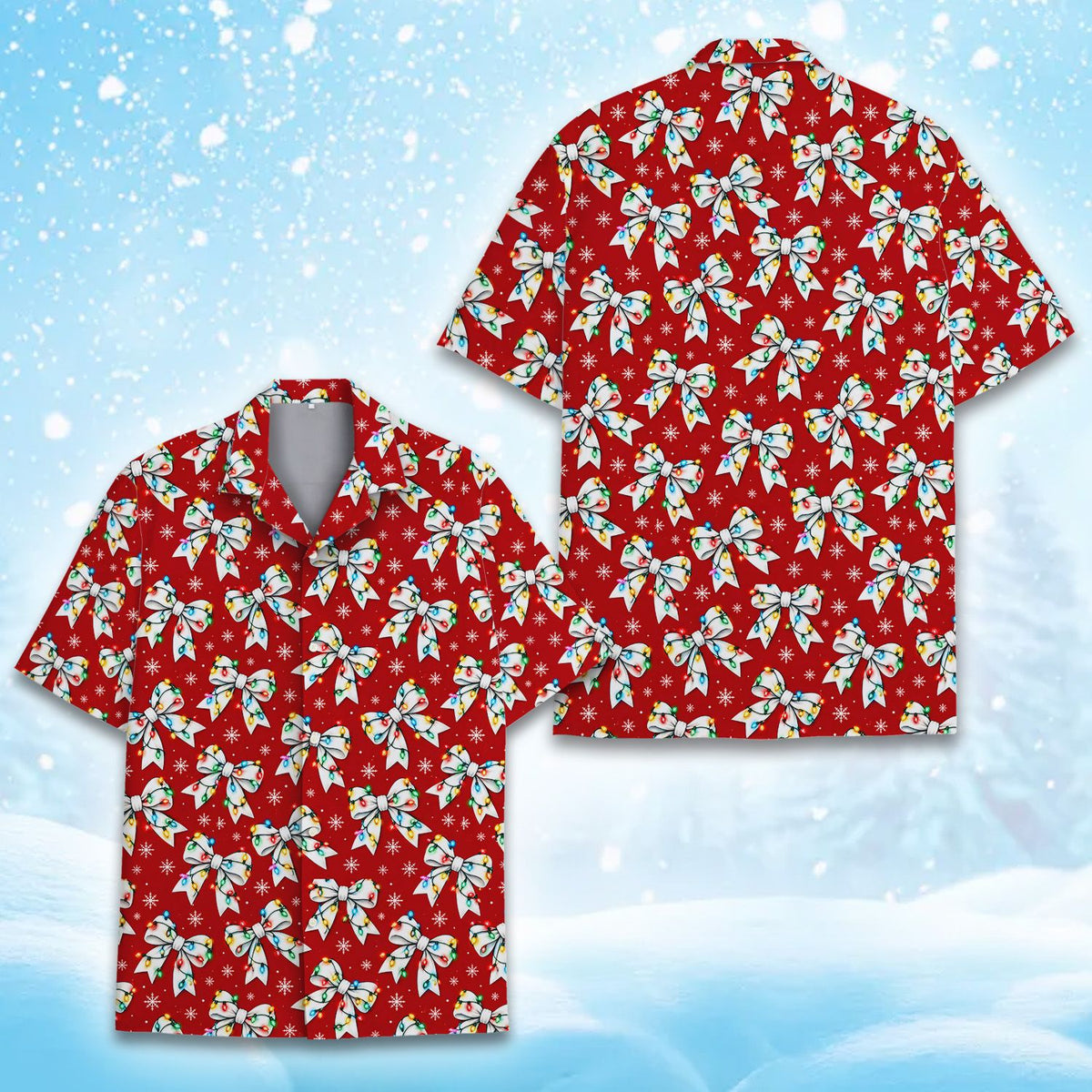 Red matching family hawaiian shirts with Christmas lights pattern, front view