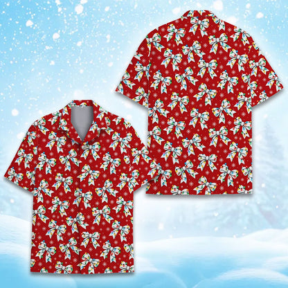 Red matching family hawaiian shirts with Christmas lights pattern, front view