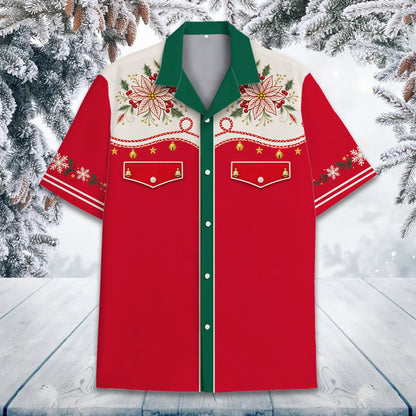 Main view of the festive Christmas Hawaiian shirt featuring poinsettias and a red bottom