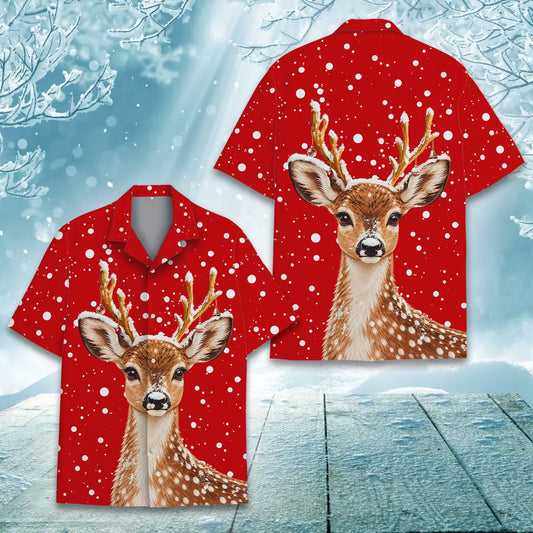 Festive red Christmas hawaiian shirt with snowy deer design, front view