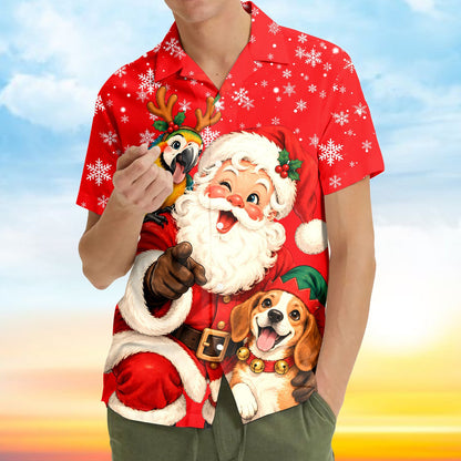Red christmas hawaiian shirt with Santa and pets print, main view