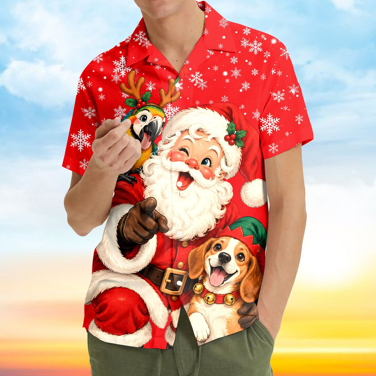 Red matching family hawaiian shirts with winking Santa, front view