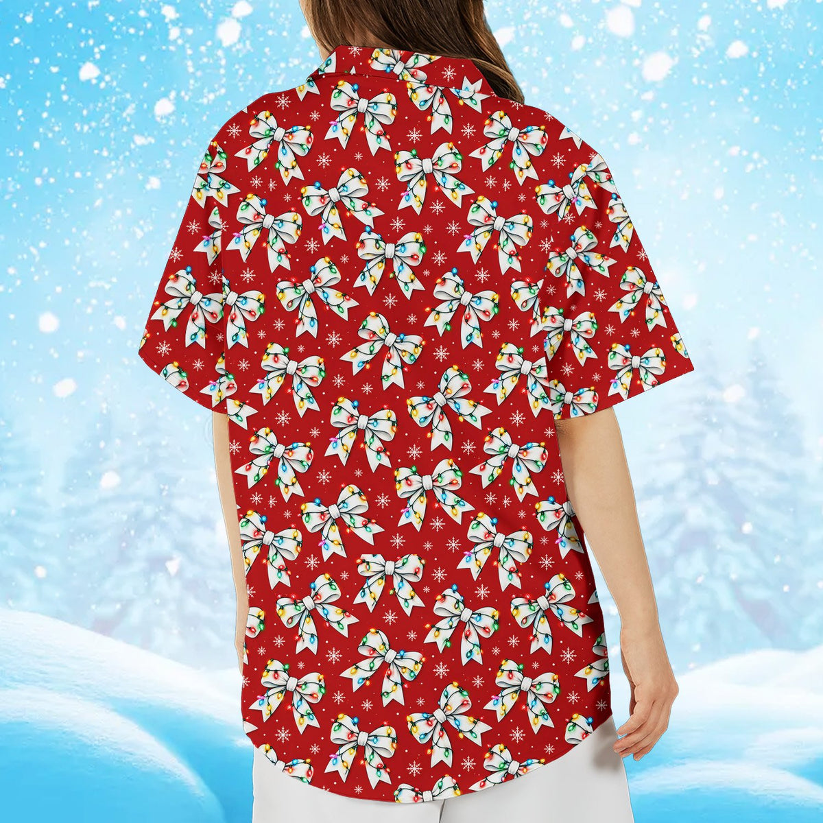 Lifestyle view of the red christmas hawaiian shirt being worn