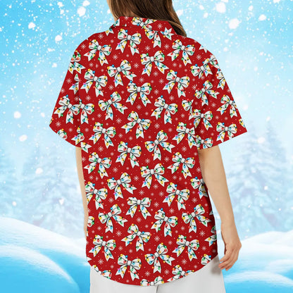 Lifestyle view of the red christmas hawaiian shirt being worn