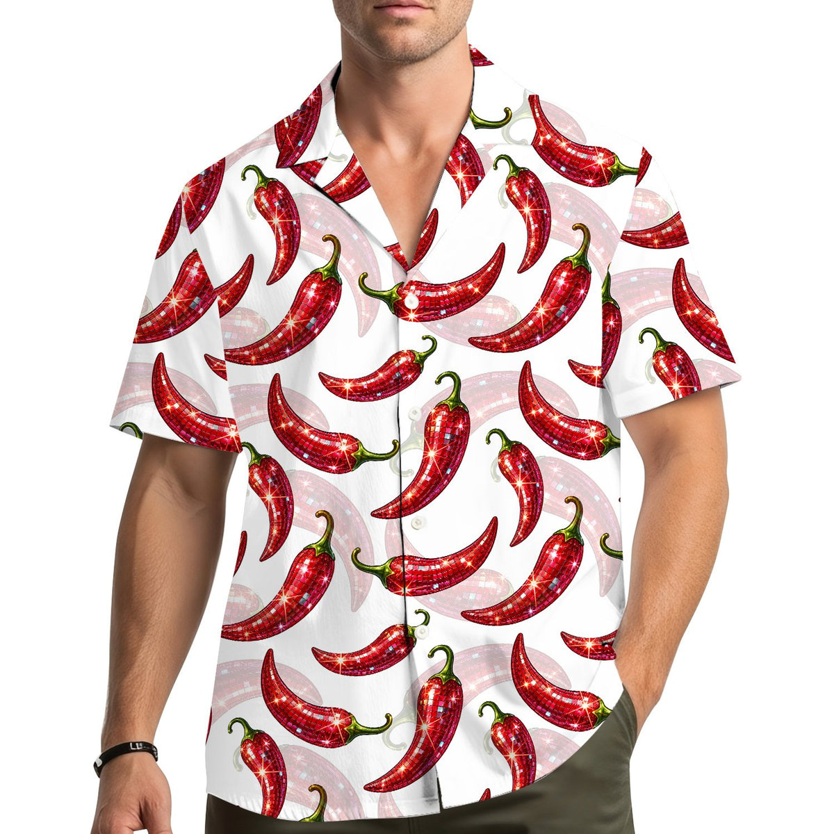 Lifestyle view highlighting the red elements of the matching family Christmas hawaiian shirt
