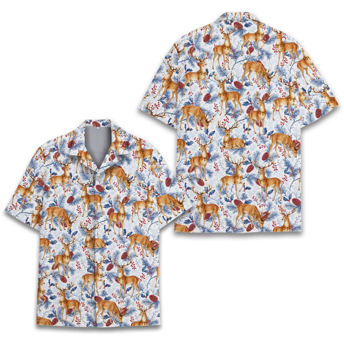 Front view of the reindeer hawaiian shirt featuring snowy pine branches and red berries on a white background