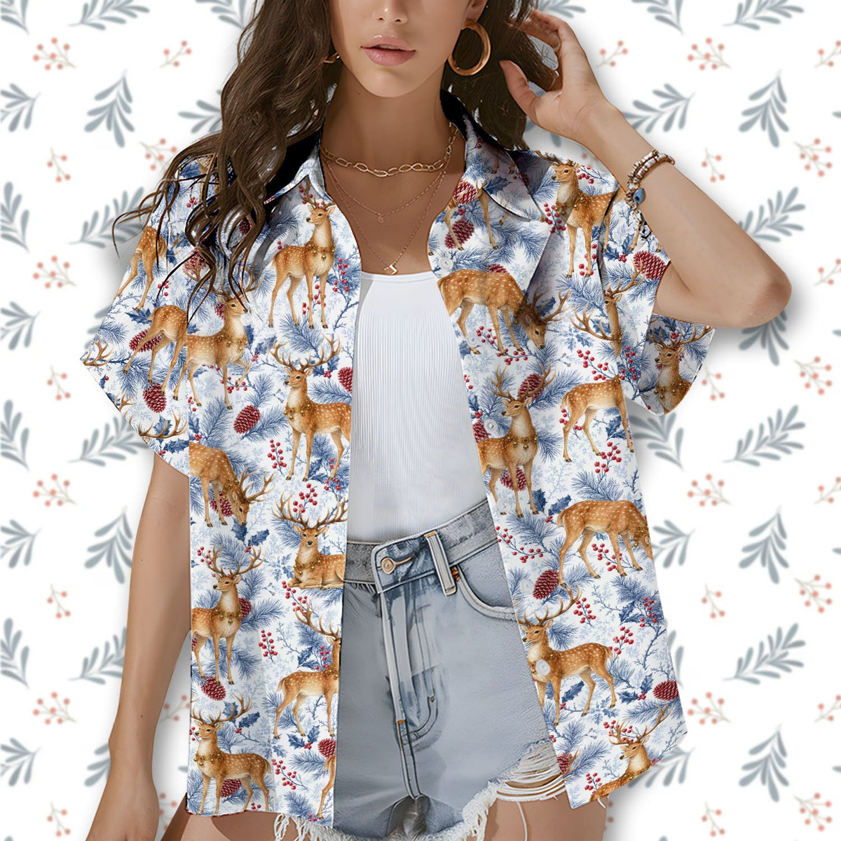 Another lifestyle shot of the christmas reindeer hawaiian shirt outdoors