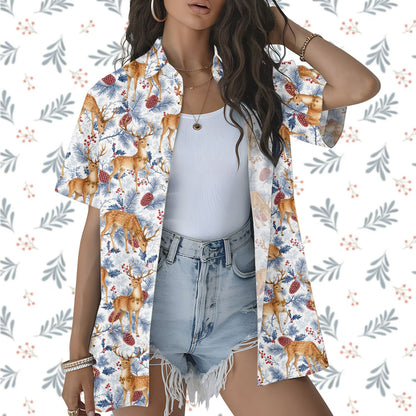 Lifestyle photo featuring the reindeer and pinecone design on the shirt