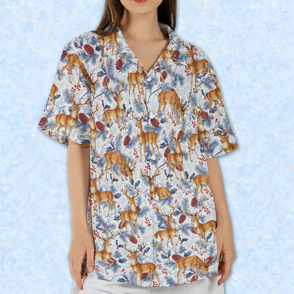 Lifestyle view highlighting the detailed shading of the flora and reindeer on the shirt