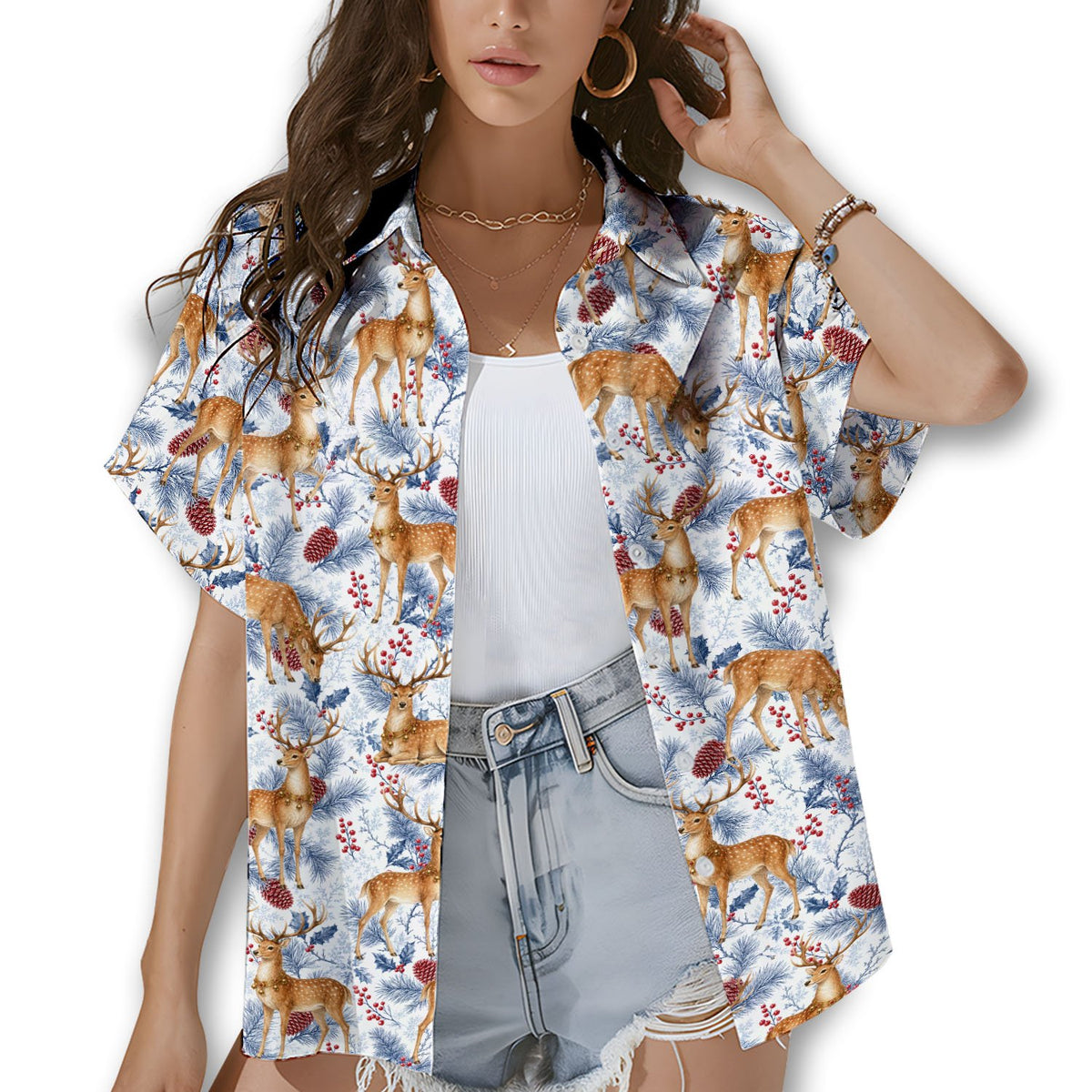 Lifestyle view of a family wearing matching family hawaiian shirts with the reindeer design