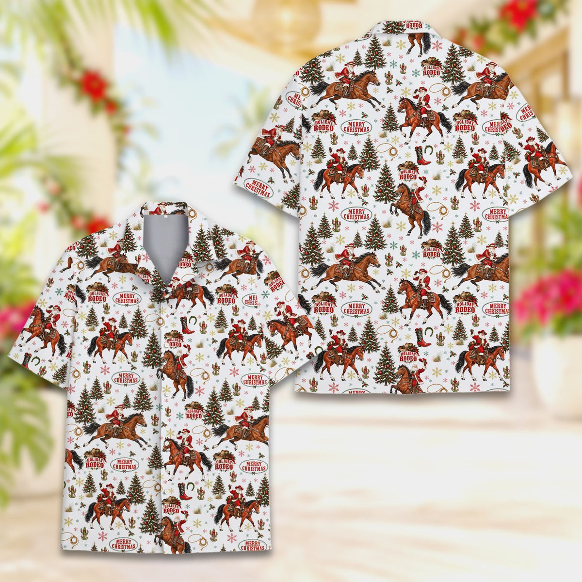 Front view of the white matching family hawaiian shirts with Santa on horseback