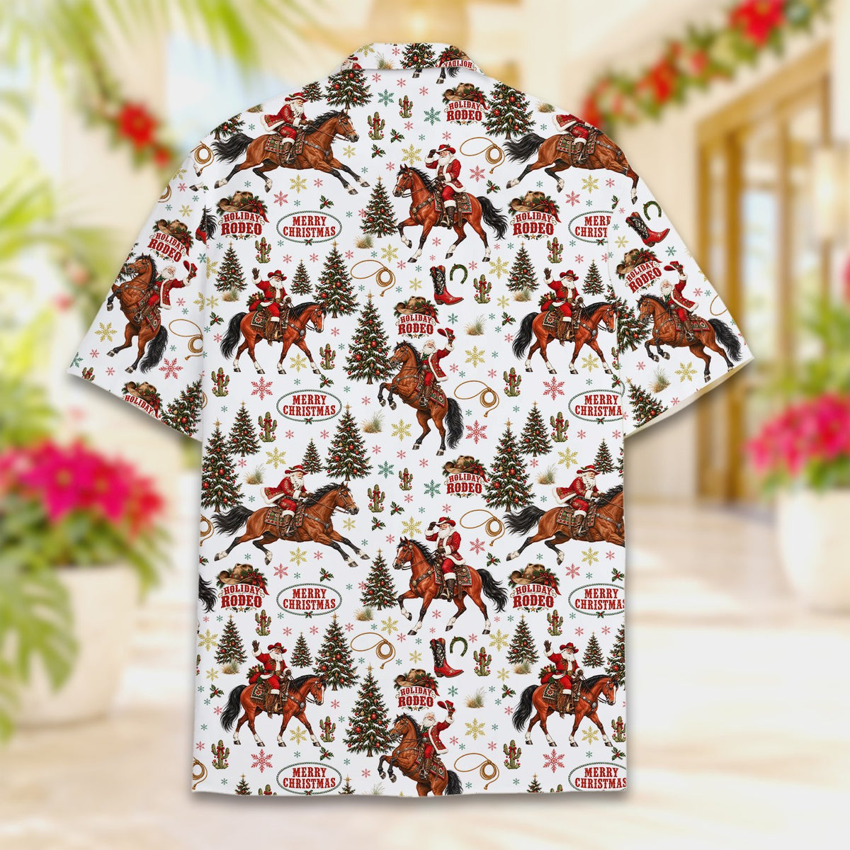 White back view of the holiday hawaiian shirt