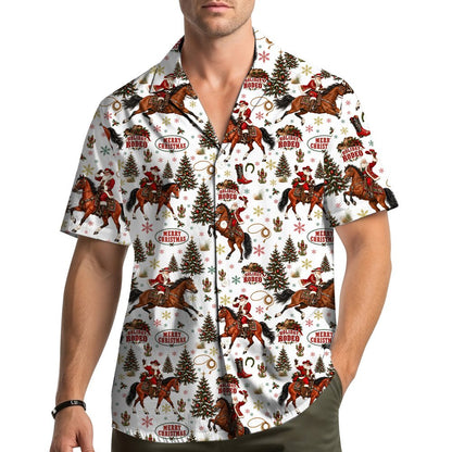 Another lifestyle view of the christmas rodeo hawaiian shirt being worn