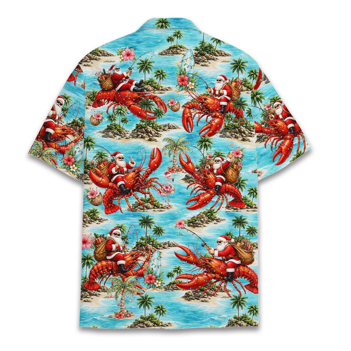 Back view of the christmas santas riding lobsters hawaiian shirt