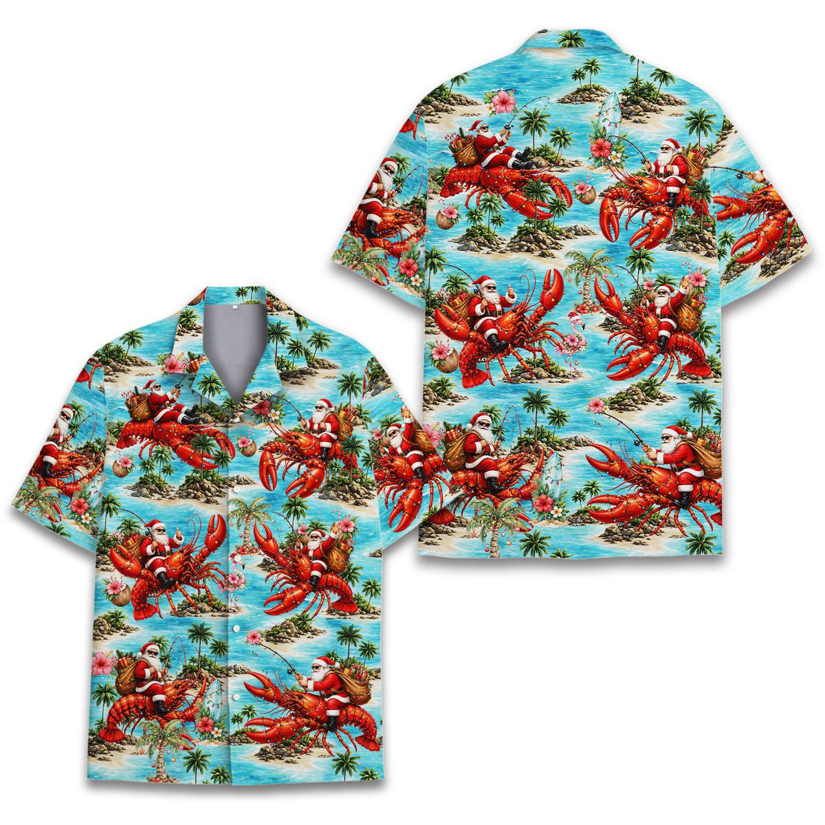 Main view of the christmas santas riding lobsters hawaiian shirt in light blue