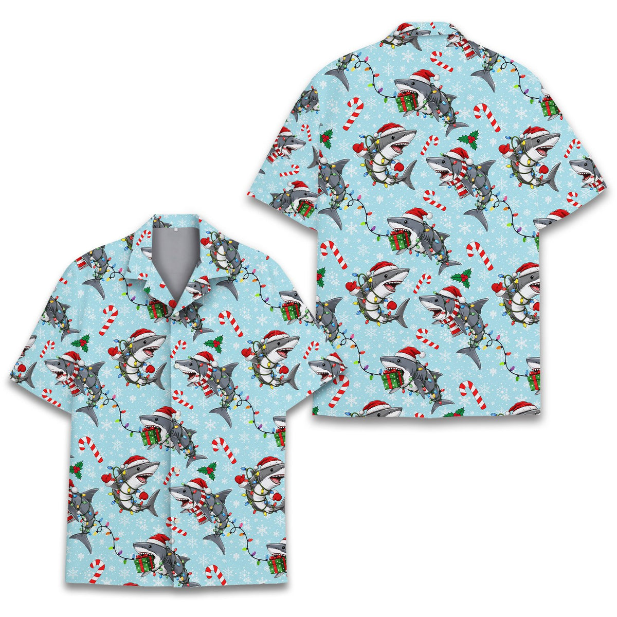 Second back view showing the festive shark pattern