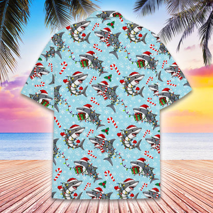 Back view of the light blue Christmas shark hawaiian shirt
