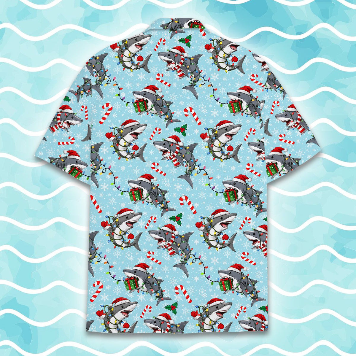 Matching family hawaiian shirts featuring Christmas sharks, detailed front view