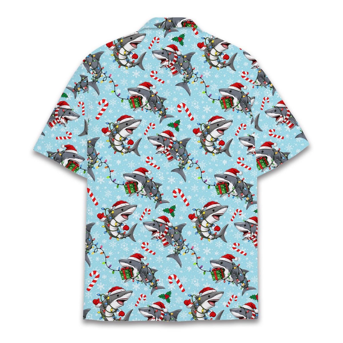 Third lifestyle shot of the festive holiday shark shirt