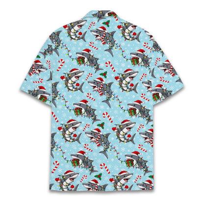 Third lifestyle shot of the festive holiday shark shirt