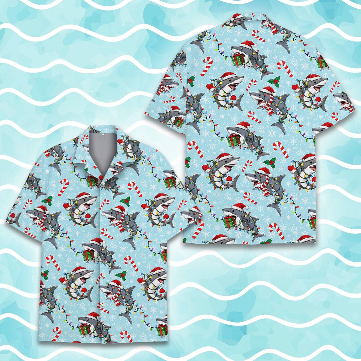 Fourth lifestyle photo of the light blue Christmas shark apparel