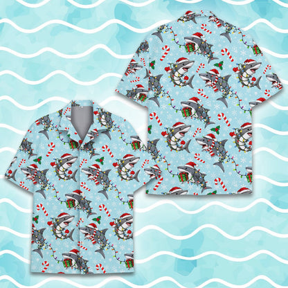 Fourth lifestyle photo of the light blue Christmas shark apparel