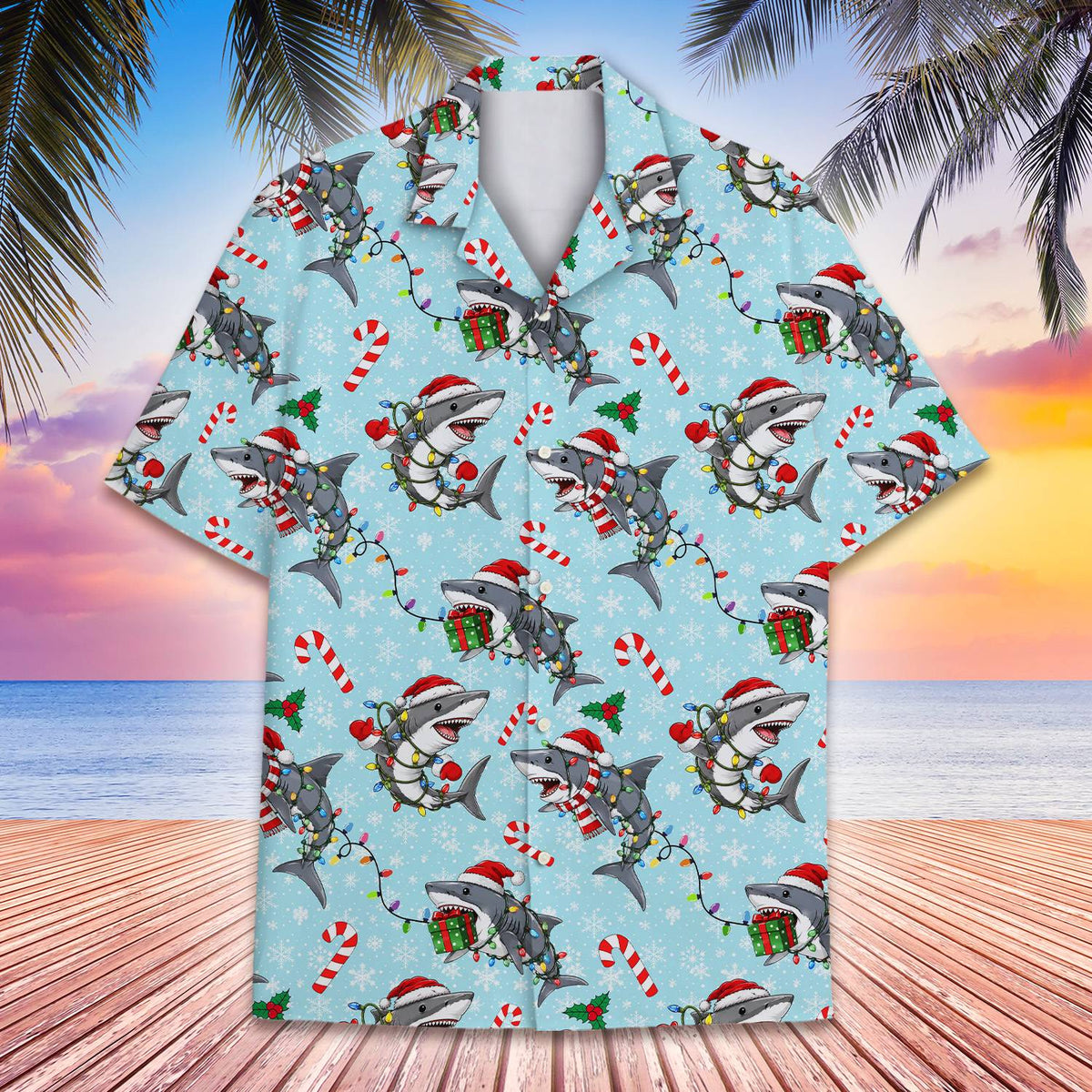 Lifestyle view of someone wearing the Christmas shark hawaiian shirt