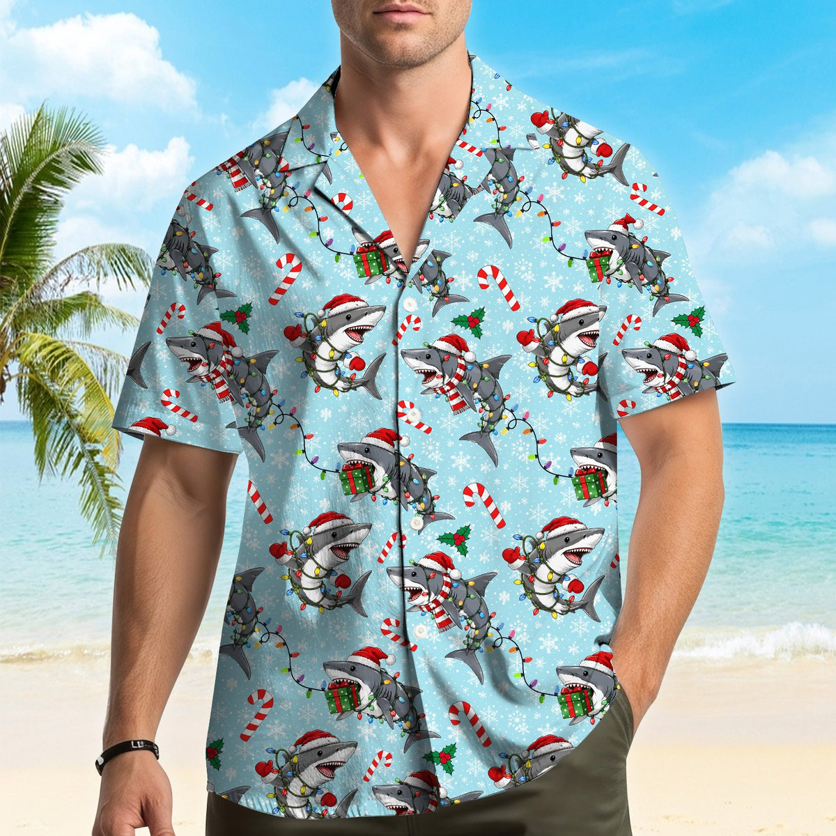 Close-up view of the Christmas shark pattern on the hawaiian shirt