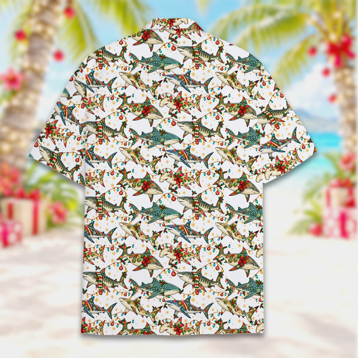 Back view of the christmas shark matching family hawaiian shirt