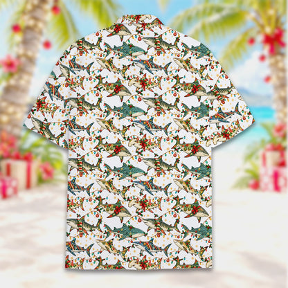 Back view of the christmas shark matching family hawaiian shirt