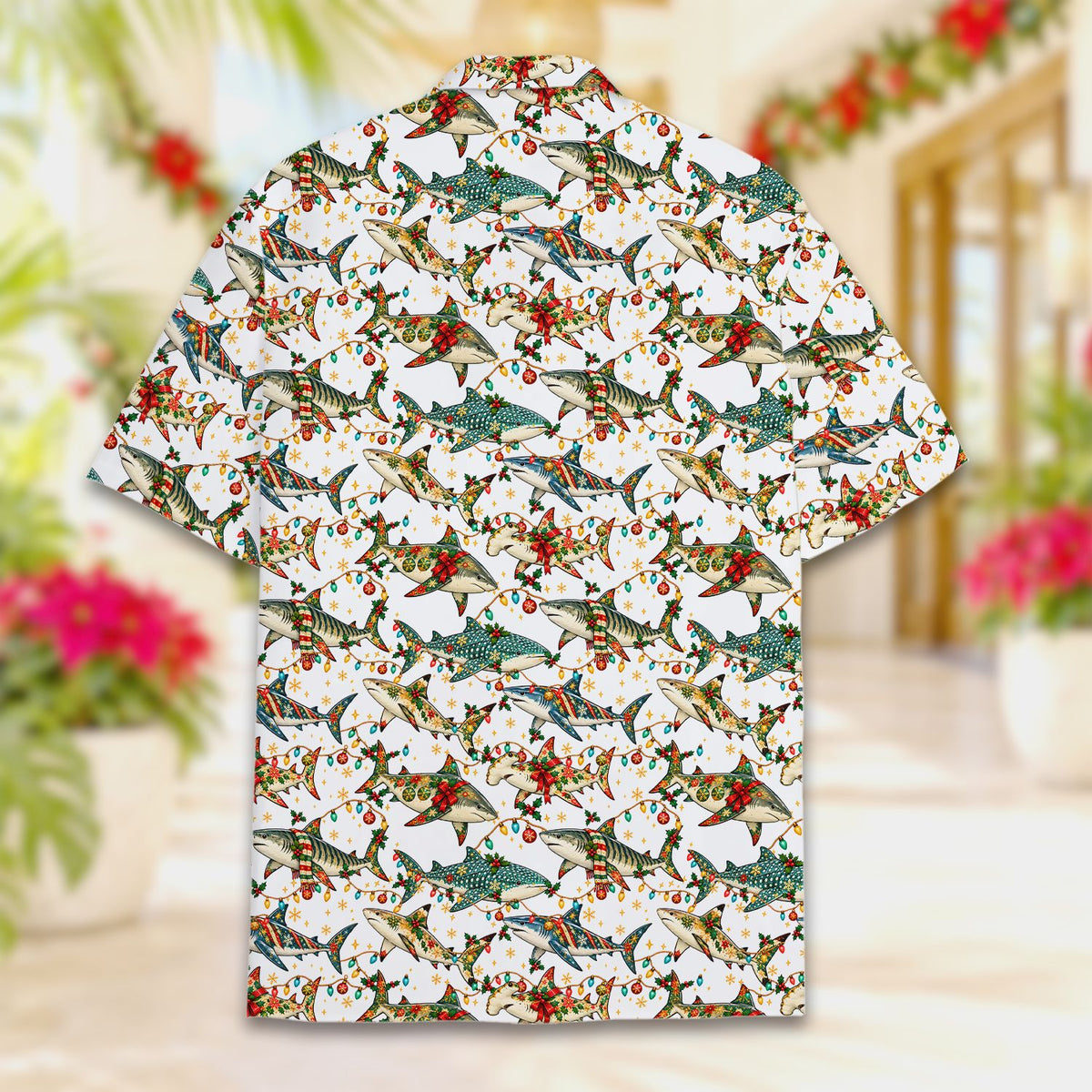 Alternative back view of the white holiday shark shirt