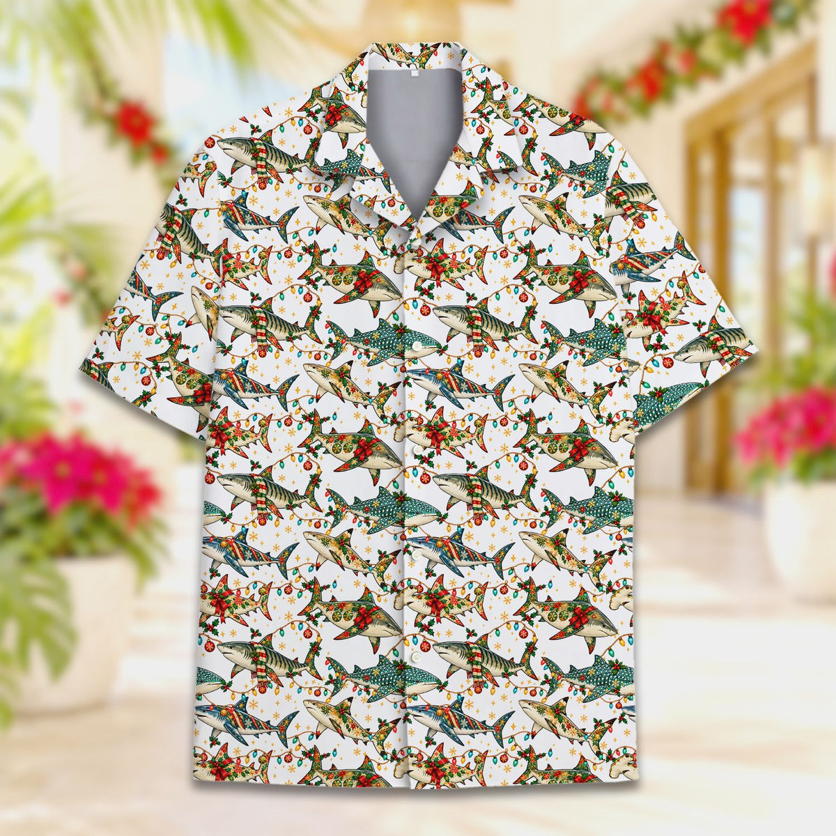 Close up front view of the shark hawaiian shirt showing holiday details