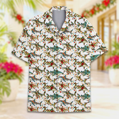 Close up front view of the shark hawaiian shirt showing holiday details