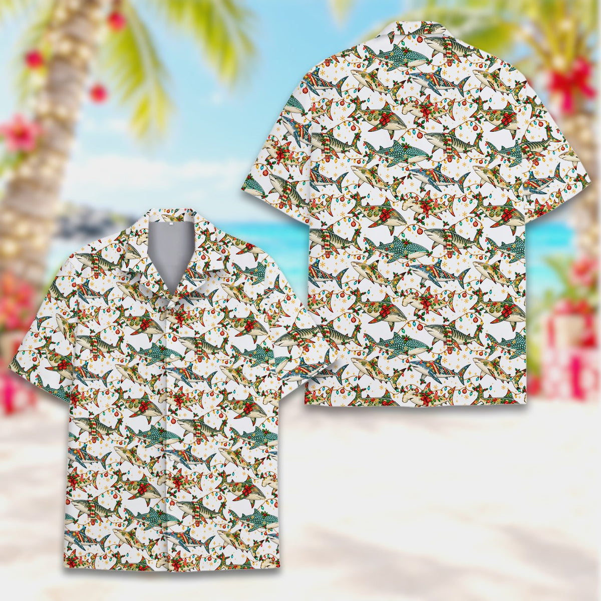 Main view of matching family hawaiian shirts with christmas shark design