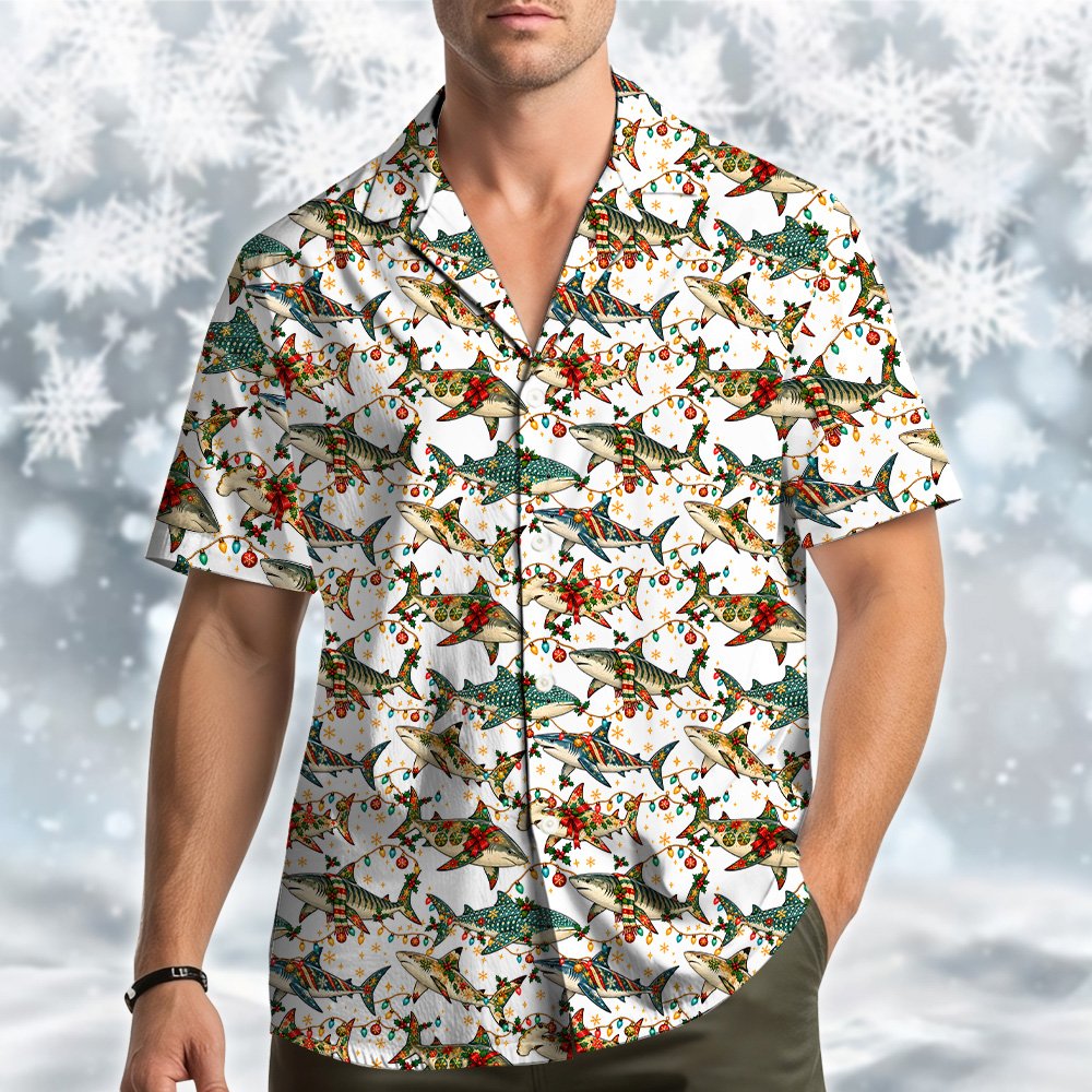 Another lifestyle view showing the christmas shark hawaiian shirt in action
