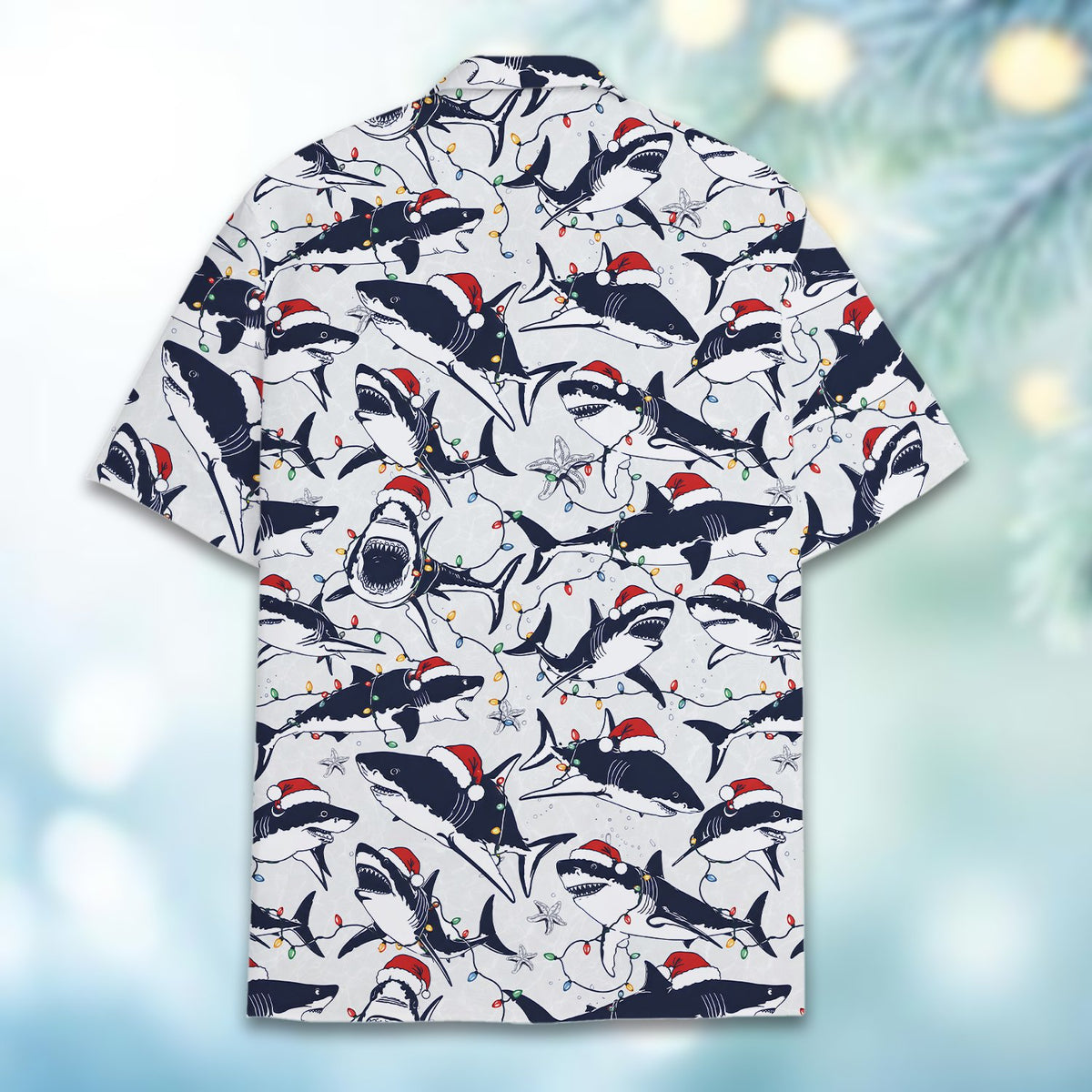 Matching family hawaiian shirt featuring holiday sea creatures in Santa hats, back view 2