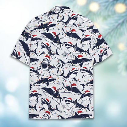Matching family hawaiian shirt featuring holiday sea creatures in Santa hats, back view 2